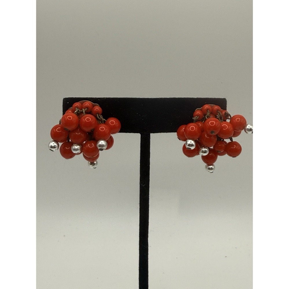 Vintage West Germany Earrings Clip On Cha Cha Red Beaded Silver Tone Cluster